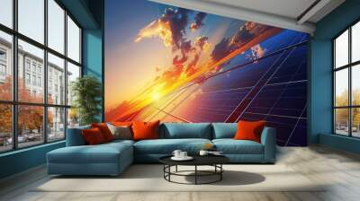 solar panels against the sky at sunset. The concept of sustainable energy and green technology Wall mural