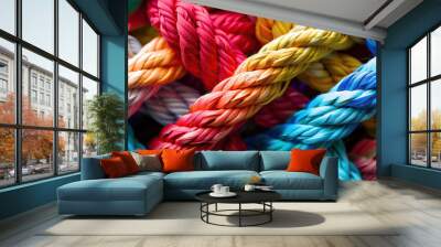 Team rope diverse strength connect partnership together teamwork unity communicate support. Strong diverse network rope team concept integrate braid color background cooperation empower power Wall mural