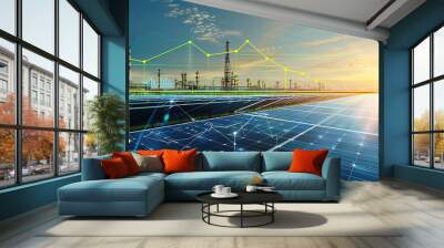 The digital computer display showed a grid of blue digital lines and green icons on it. In the background was an electric power station surrounded by solar panels Wall mural