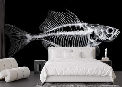 The outline of the fish skeleton, white lines on a black background Wall mural