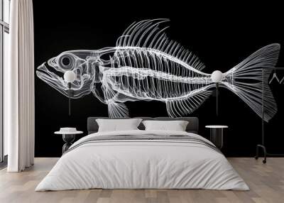 The outline of the fish skeleton, white lines on a black background Wall mural