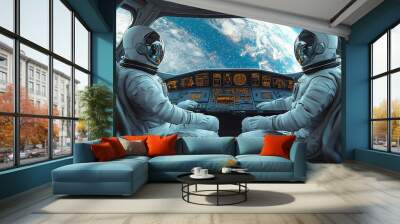 Two astronauts in space suits sit at the control panel of their spaceship Wall mural