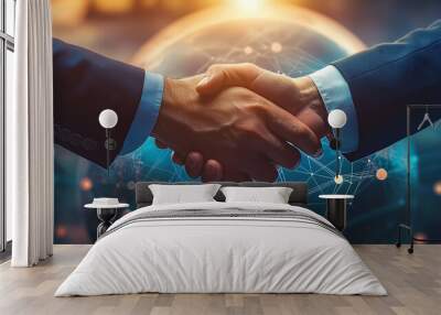 Two business people are shaking hands over a network connection Wall mural