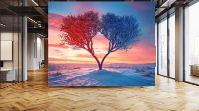 Two intertwined trees, their branches forming the shape of a heart, against a backdrop of a colorful twilight sky,surrealistic scene. Generative AI Wall mural