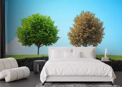 Two trees growing on top of dirt with a green grass background Wall mural