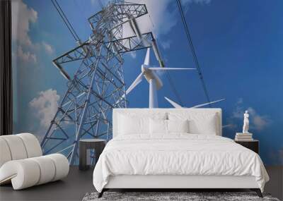 Wind power plant and technology. Smart grid. Renewable energy. Sustainable resources. Wall mural