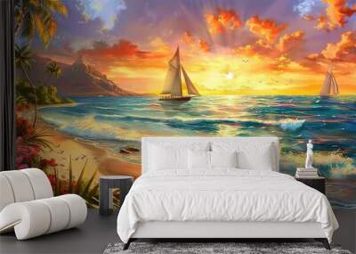 A breathtakingly beautiful sunset seaside scenery. The sky is ablaze with warm hues of orange, pink, and purple as the sun dips below the horizon. The waves gently lap at the shore, creating a soothin Wall mural