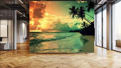 A breathtakingly beautiful sunset seaside scenery. The sky is ablaze with warm hues of orange, pink, and purple as the sun dips below the horizon. The waves gently lap at the shore, creating a soothin Wall mural