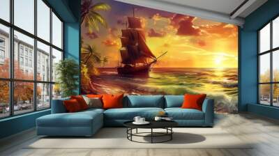 A breathtakingly beautiful sunset seaside scenery. The sky is ablaze with warm hues of orange, pink, and purple as the sun dips below the horizon. The waves gently lap at the shore, creating a soothin Wall mural