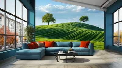 A minimalist backdrop of two solitary trees in a field under a blue sky Wall mural