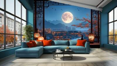 China's traditional festival Mid-Autumn festival moon cakes and enjoy the concept background city Wall mural