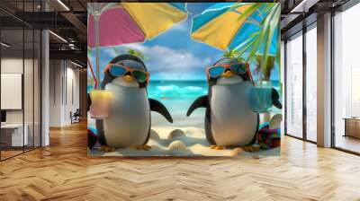 Penguins enjoying the sun and a drink on the beach Wall mural