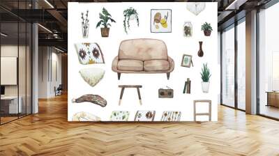 Set of watercolor theme: cosy home style. cozy home vibes. interior decor Wall mural