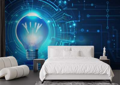 Abstract blue light bulb with digital world inside, Technology Network Da
ta Connection, dark blue background Wall mural