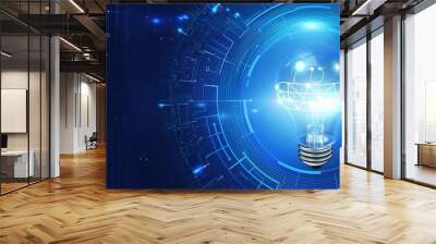 Abstract blue light bulb with digital world inside, Technology Network Da
ta Connection, dark blue background Wall mural