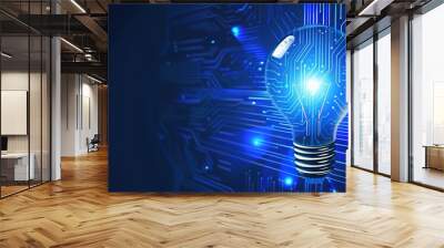 Abstract blue light bulb with digital world inside, Technology Network Da
ta Connection, dark blue background Wall mural