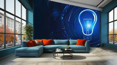 Abstract blue light bulb with digital world inside, Technology Network Da
ta Connection, dark blue background Wall mural