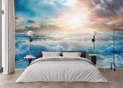 blue sky, bright sun and waves on the ocean, sea wallpaper, travel background Wall mural