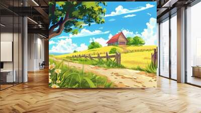 Landscape countryside nature background with sky, green trees, hill
 and meadow, vector illustration flat design Wall mural