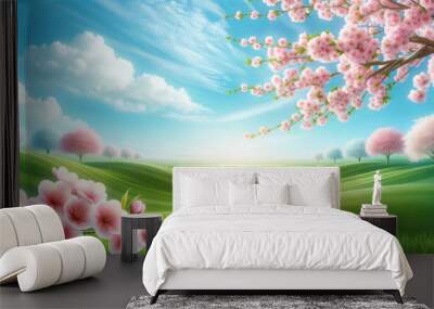 I've created the illustration for you, featuring the beautiful cherry blossoms, a light blue sky, and a green grass field, all in a 16:9 aspect ratio.  Wall mural