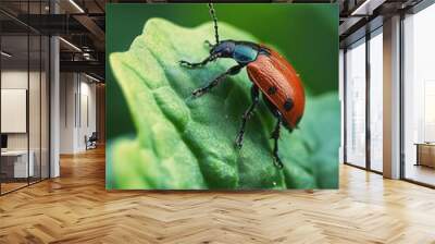 Beetle on a green leaf Wall mural