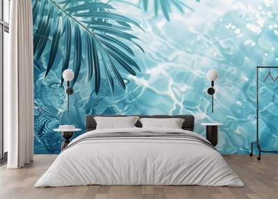 Close-up shadows of palm fronds on the water, blurred backgrounds and banners containing areas of replicated space. Soft blue style for summer concept. Wall mural