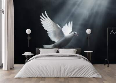 White doves with olive branches flying under the divine light Wall mural