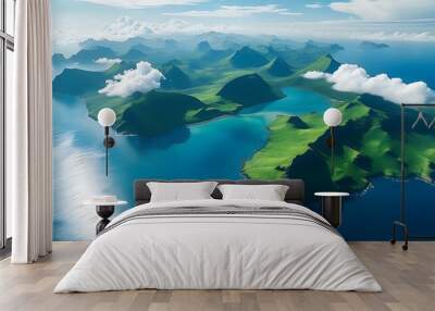 A beautiful aerial view shows the magnificent scenery of blue ocean and green mountains, with several white clouds floating in the sky. Wall mural