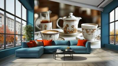 A blend of coffee cup on white table next to coffee machine and early tea elements. Wall mural