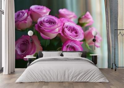 A bouquet of pink roses with purple edges is placed by the window, with soft natural light shining outside the window and a striped curtain in the background. Wall mural