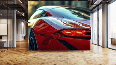 A close-up of the rear of a red sports car, with shining lights reflecting the streamlined design, showing movement and speed. Wall mural