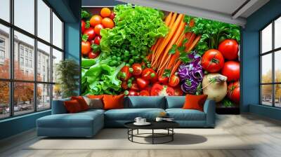 A colorful and delicious vegetable platter, including fresh lettuce, carrots, tomatoes and chives, is colorful and nutritious, suitable for a healthy diet. Wall mural