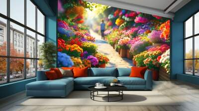 A colorful flower market, colorful flowers overflowing with fragrance, attracting passers-by. Warm sunshine shines on the flowers through the leaves, creating a romantic atmosphere. Wall mural