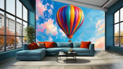 A colorful hot air balloon against the background of blue sky presents a colorful pattern, like a blooming flower, giving people a feeling of warmth and joy. Wall mural