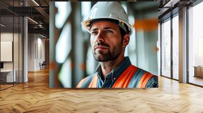 A construction worker wearing overalls and a hard hat shows concentration and professionalism in a bright indoor environment. Wall mural