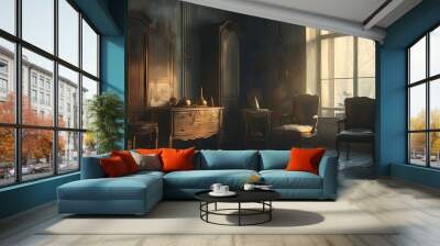 A dark indoor space with ancient furniture and decorations scattered around, and soft light shines out of the window, creating a mysterious and warm atmosphere. Wall mural