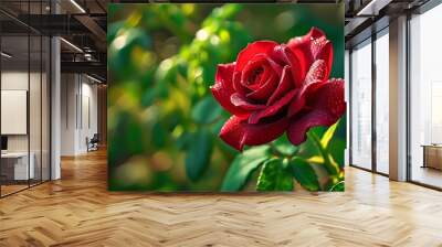 A delicate red rose with exquisite petals shining in the sun and surrounded by vibrant green plants, showing the beauty and romance of nature. Wall mural