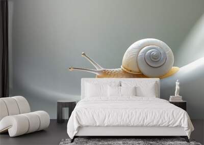 A lifelike little white snail slowly crawls on the soft white background, showing the tranquility and beauty of nature. Wall mural