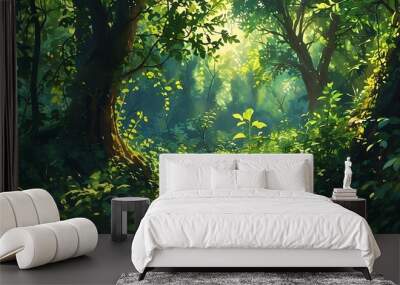 A mysterious forest, lush green plants, sunlight shines mottled light and shadow through the leaves, a quiet and vibrant natural environment. Wall mural