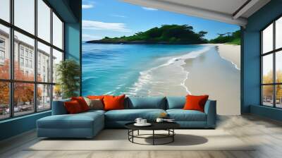 A peaceful island, the sandy beach is connected with the blue sea water, and the sun shines on the island, presenting a charming natural scenery. Wall mural