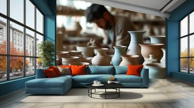 A person is focused on making ceramics, and the desktop is filled with various ceramic works with blurred backgrounds, showing an atmosphere of artistic creation. Wall mural