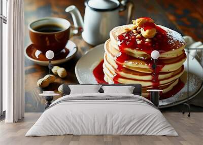 A pile of fluffy pancakes spread with peanut butter and red jam, and a cup of coffee next to them create a cozy breakfast atmosphere. Wall mural