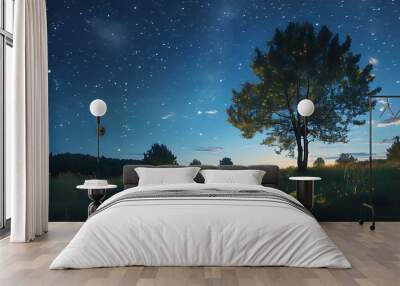 A serene night with trees in harmony with nature under the starry sky Wall mural