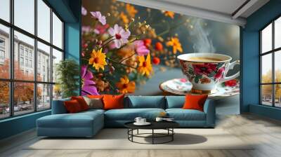 A serene scene of a delicate coffee cup and vibrant flowers Wall mural