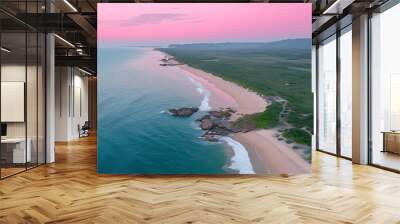 Aerial View of Beach Beauty, Times by the Coastline under Pink Sky Wall mural