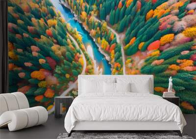 Aerial view of enchanting autumn forest. Wall mural