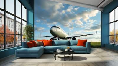 An airplane docked on the grass, with an open environment and clouds fluttering in the sky, presents a tranquil scene. Wall mural