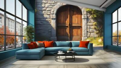 An ancient wooden door is embedded in a gray stone wall, with warm sunshine shining in front of the door, showing a retro charm and tranquil atmosphere. Wall mural