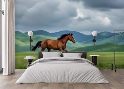 An elegant horse runs on the vast grassland with green hills and dark clouds in the background, showing the beauty and power of nature. Wall mural