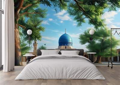 Ancient Islamic Architecture in a Serene Atmosphere with Green Trees Under a Blue Sky Wall mural